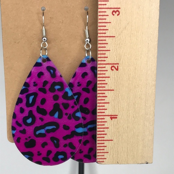 Vibrant Leopard Print Teardrop Earrings - Purple and Blue - Picture 2 of 2